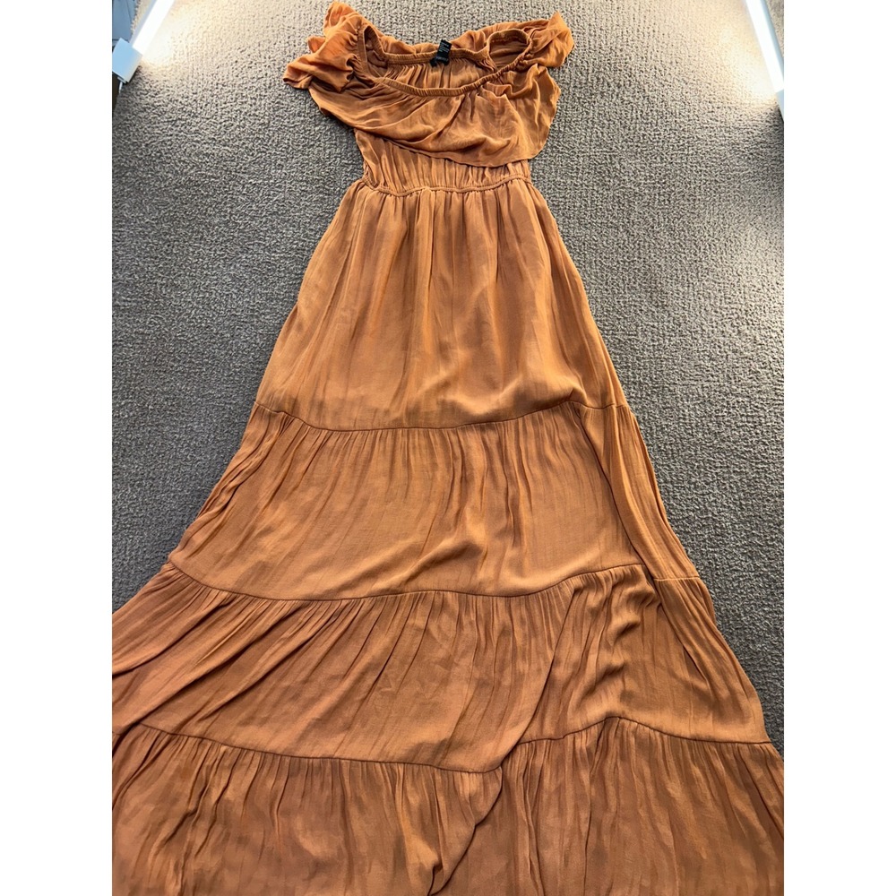 Forever 21 Rust Orange Tiered Maxi Dress Ruffle Off Shoulder Boho Small